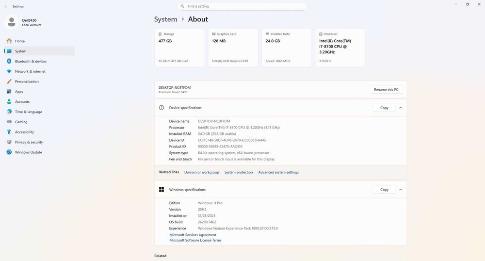 Компютър Dell Precision 3430 SFF, I7-8700, 24GB DDR4, 512GB, Win11 PRO