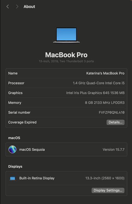 Apple MacBook Pro 13" (2019) – Intel Core i5 / 8GB RAM / 256GB SSD