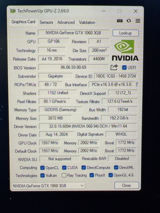Placa video Gigabyte GTX 1060 3Gb