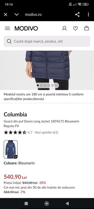 Geacă primavara  Columbia Down Long Jacket 1859672 Bleumarin Reg Fit S