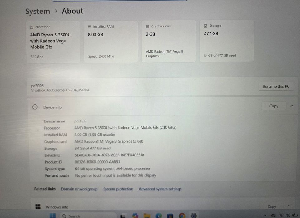 Laptop Asus VivoBook 15'  AMD Rizen 5