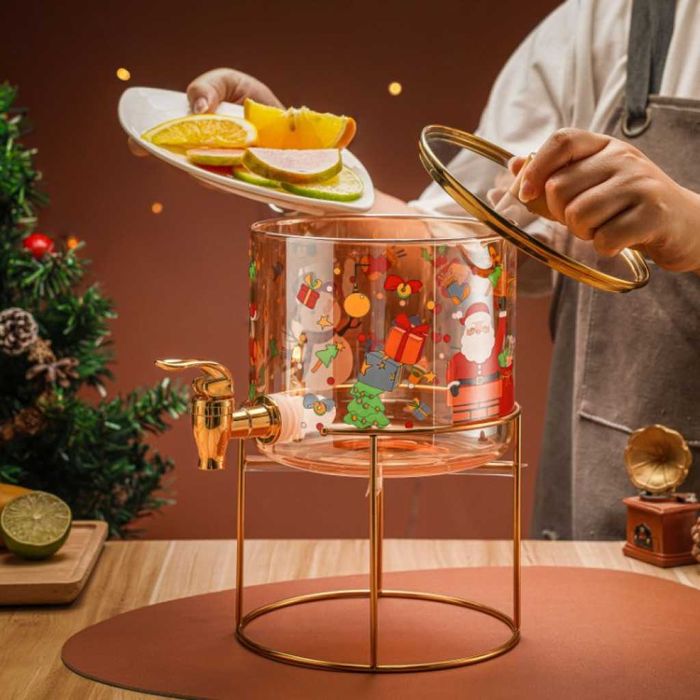 Стъклен диспенсър за напитки 2.6 L с коледен дизайн и златиста стойка.