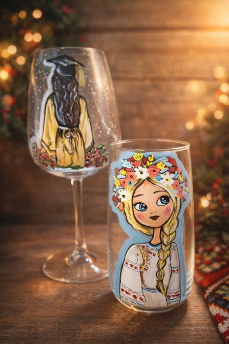 рисувани  чаши, моми, български, фолклорни, традиционни