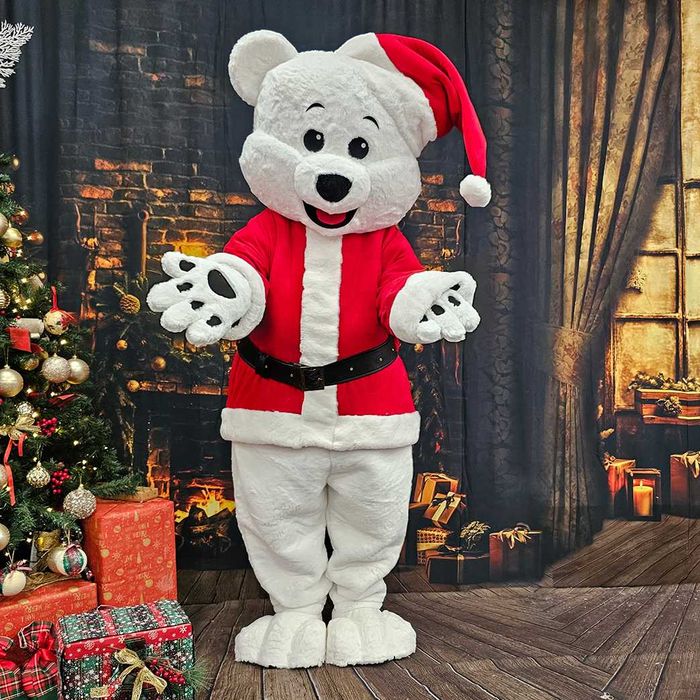 Costum Mascotă Urs Polar Alb de Crăciun pentru Adulți – Mascotă Profesională Handmade cu Costum Moș Crăciun pentru Evenimente și Petreceri