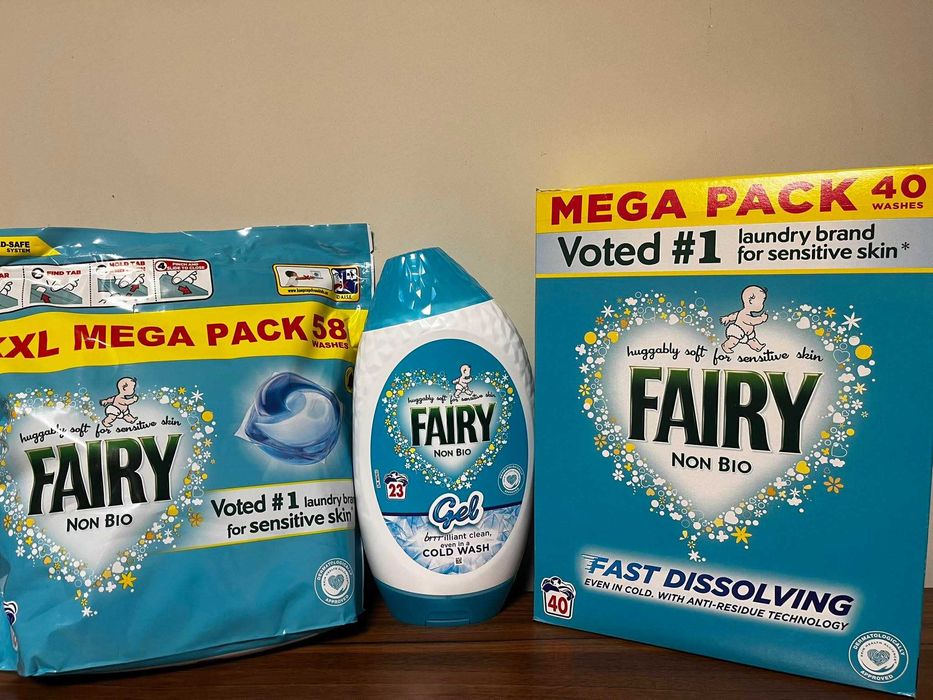 Прах за пране Fairy Non-Bio за чувствителна кожа и малки деца без алергени и химикали за бяло и цветно пране, различни видове