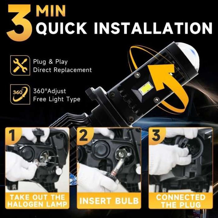 LED крушки H4 Y10 с лупа – 200W, 26400LM, 6000K, 360°, Canbus, 12V