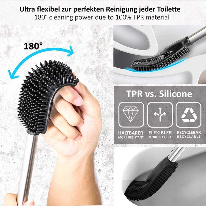 Perie WC silicon 3 in 1 cu suport si maner inox perete