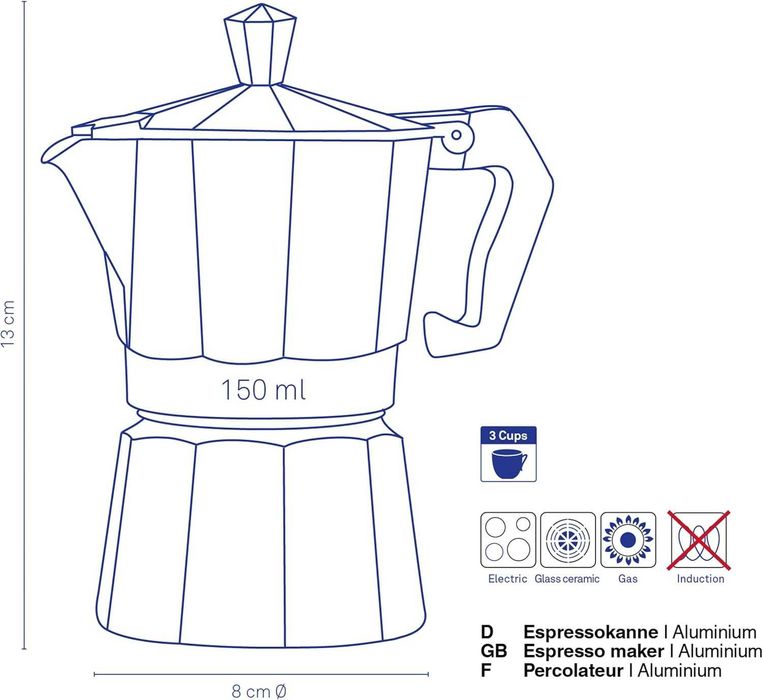 Кафеварка Kela Italia, 150 мл, алуминий, сребриста, 8 x 8 x 13 см