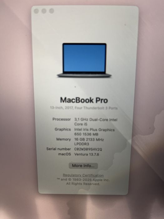 MacBook Pro 13” (2017, Touch Bar) – i5 / 16GB RAM / macOS Ventura