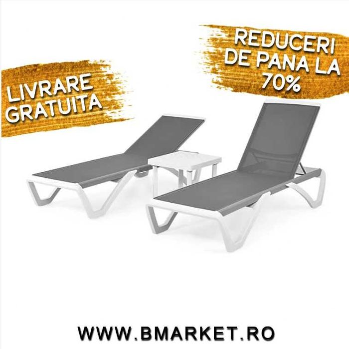 Set mobilier plaja/gradina/terasa, 2 șezlonguri și masa Gri/Alb NOU