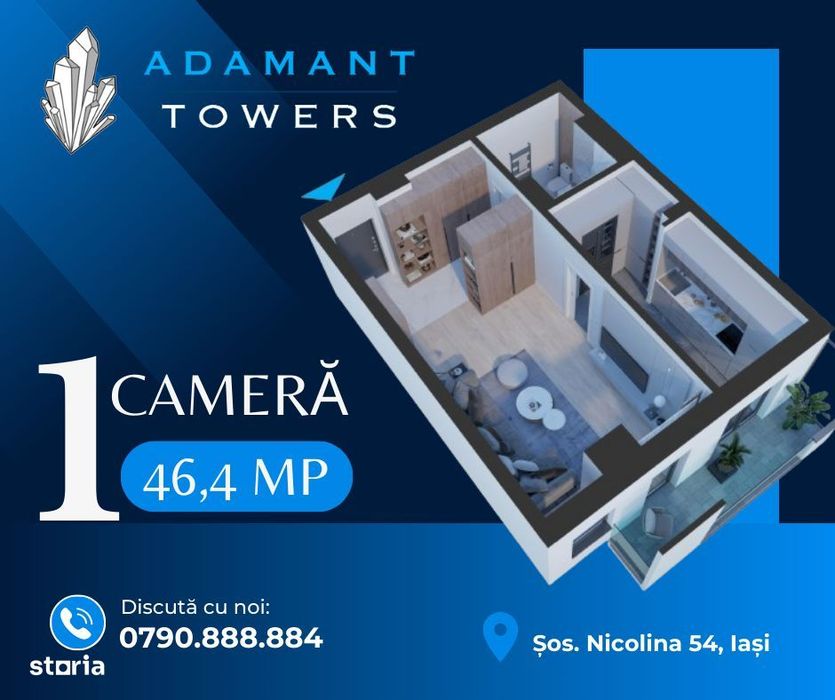 Adamant Towers | 1 camera, finalizat, INTABULAT, 46.4 mp |Sos Nicolina