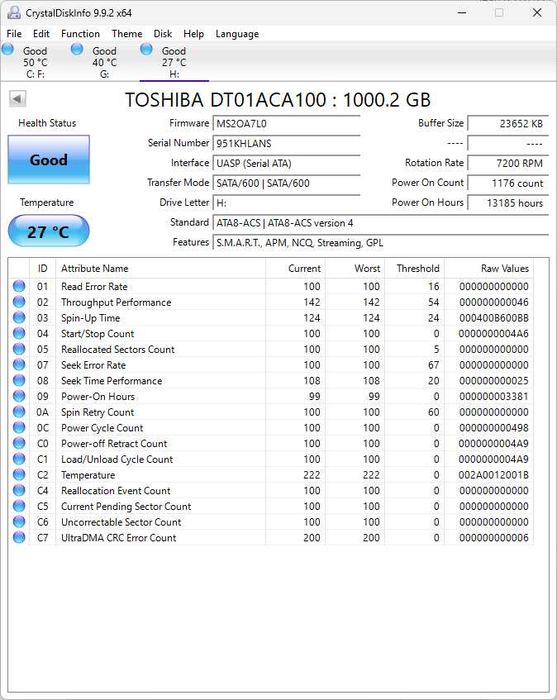 HDD Toshiba 1TB 7200 RPM SATA III impecabil 27*C temperatura de functionare.