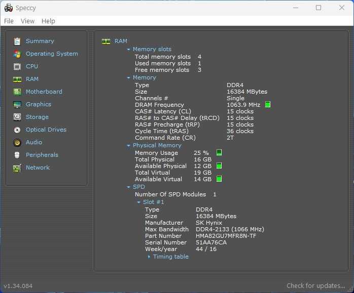 O memorie PC SK Hynix de 16 Gb ddr4,frecvență 2133 MHz,