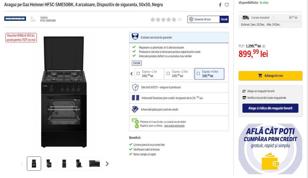 Aragaz Heinner HFSC-SME50BK pe gaz – 4 arzătoare – Negru – Cu garantie