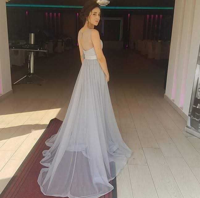 Rochie eleganta de bal/nașa - gri, cu trenă, ca nouă