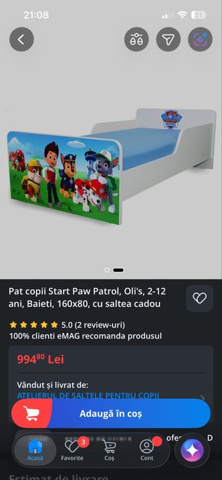 Pat copii Start Paw Patrol, Oli's, 2-12 ani, Baieti, 160x80, cu saltea cadou