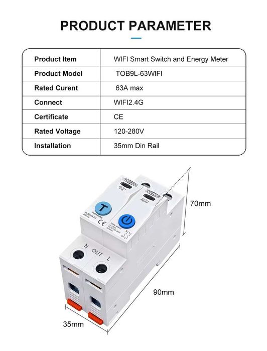 Tuya 1-63A Tomzn 2P WIFI смартметър