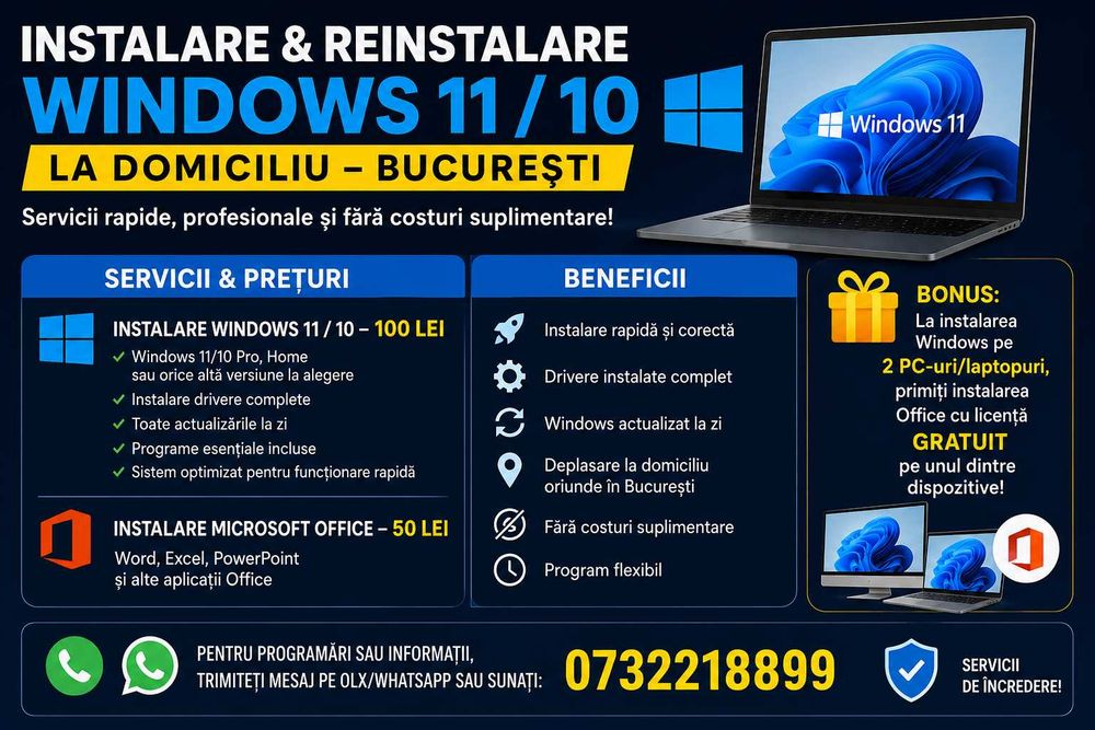 Instalare și reinstalare Windows 11 / Windows 10 si office cu licenta la domiciliu in București