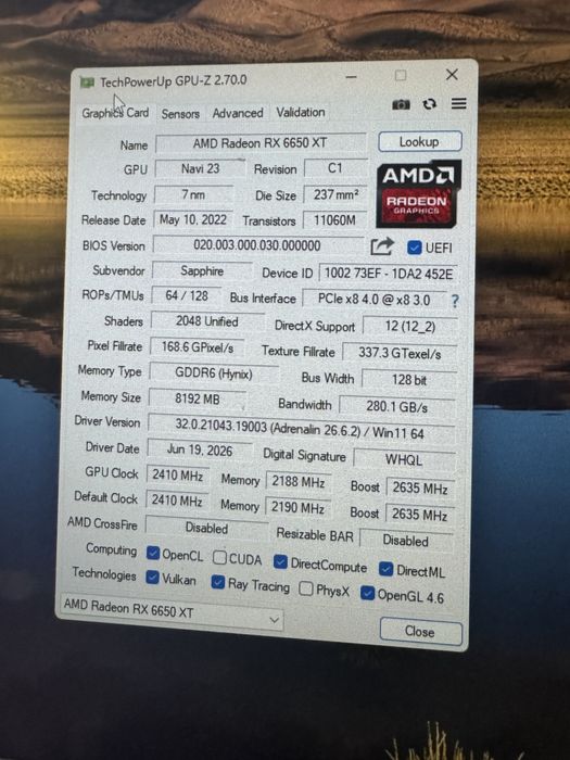 RX 6650 XT  8gb Sapphire
