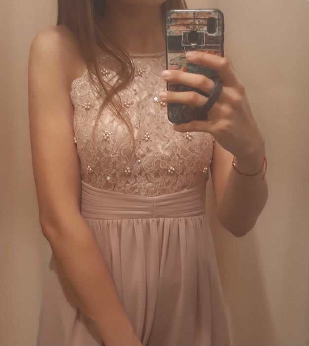 Rochie roz cu perle, delicata/ ocazie speciala/ nunta