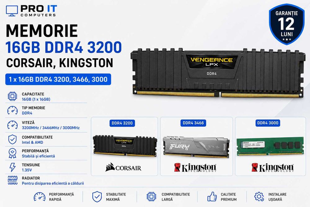 Memorie 16gb DDR4 3200 Corsair, 1 x 16GB DDR4 3200, 3466, 3000 Corsair, Kingston