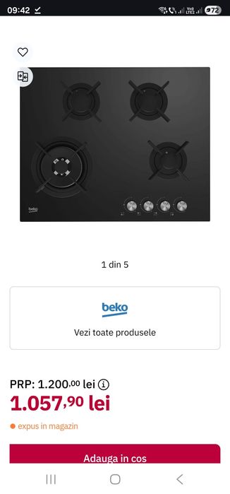 Plita incorporabila BEKO pe Gaz, sticlă neagră. 4 arzatoare, Wok,