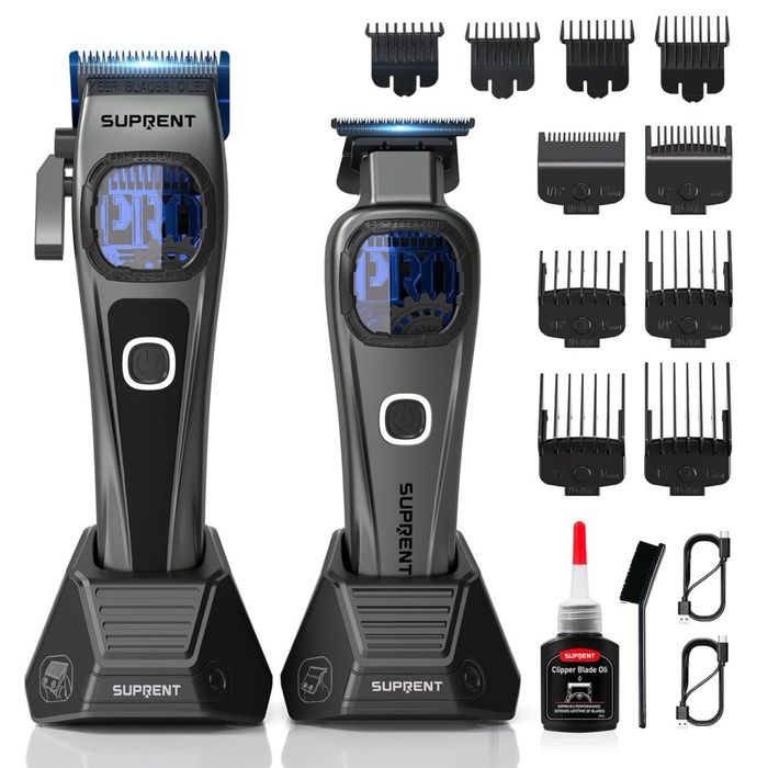 Mașină de tuns profesională fără fir + trimmer – lamă titan, zero‑gap, 5 setări