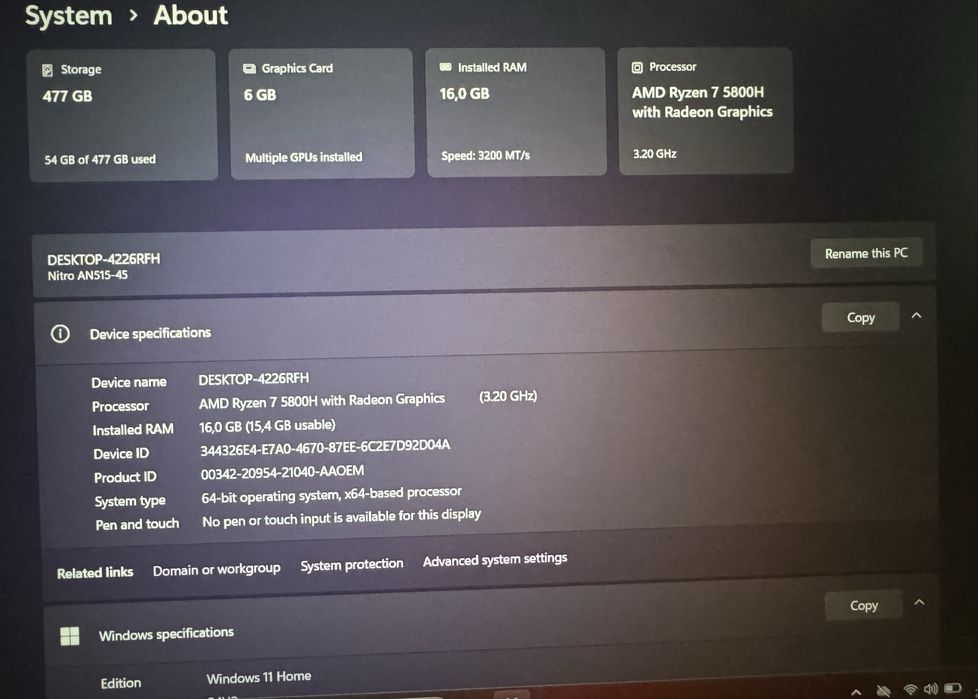 Laptop Gaming Acer Nitro 5 Ryzen7 5800h RTX3060 16gb DDR4 512NVMe