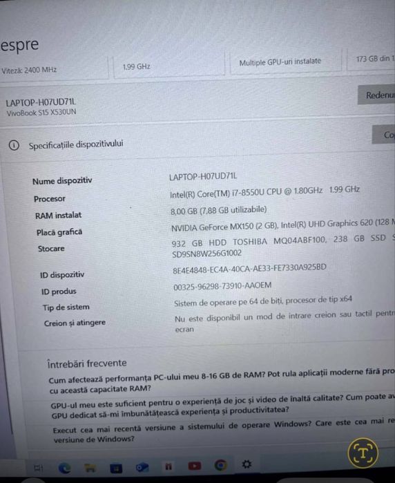 Laptop Asus VivaBook I7 8550U