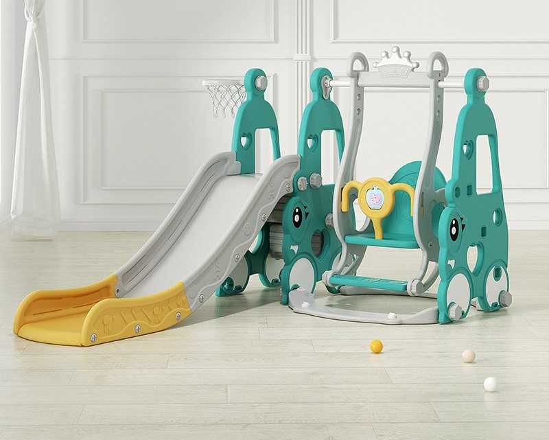 Ansamblu de joaca cu leagan, tobogan piscina cu bile cos baschet Green