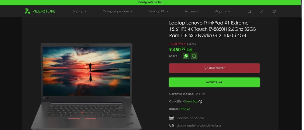 Laptop rar ultrabook  Lenovo X1 Extreme Carbon 4K touch, i7, 1050 ti