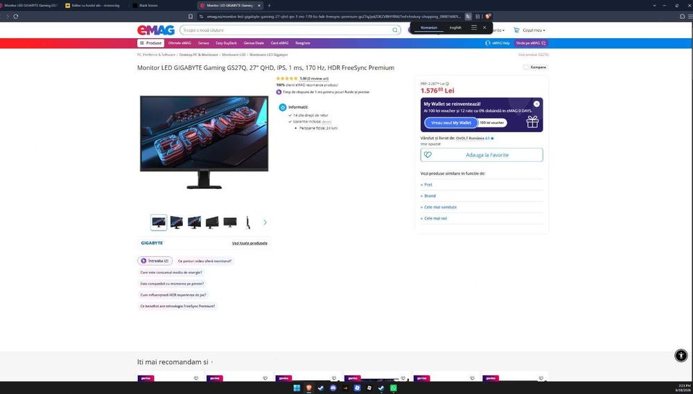 Monitor LED GIGABYTE Gaming GS27Q, 27" QHD, IPS, 1 ms, 170 Hz, HDR FreeSync Premium