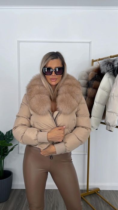 Geaca Dama fâș guler din blana naturala vulpe captuseala puf gasca