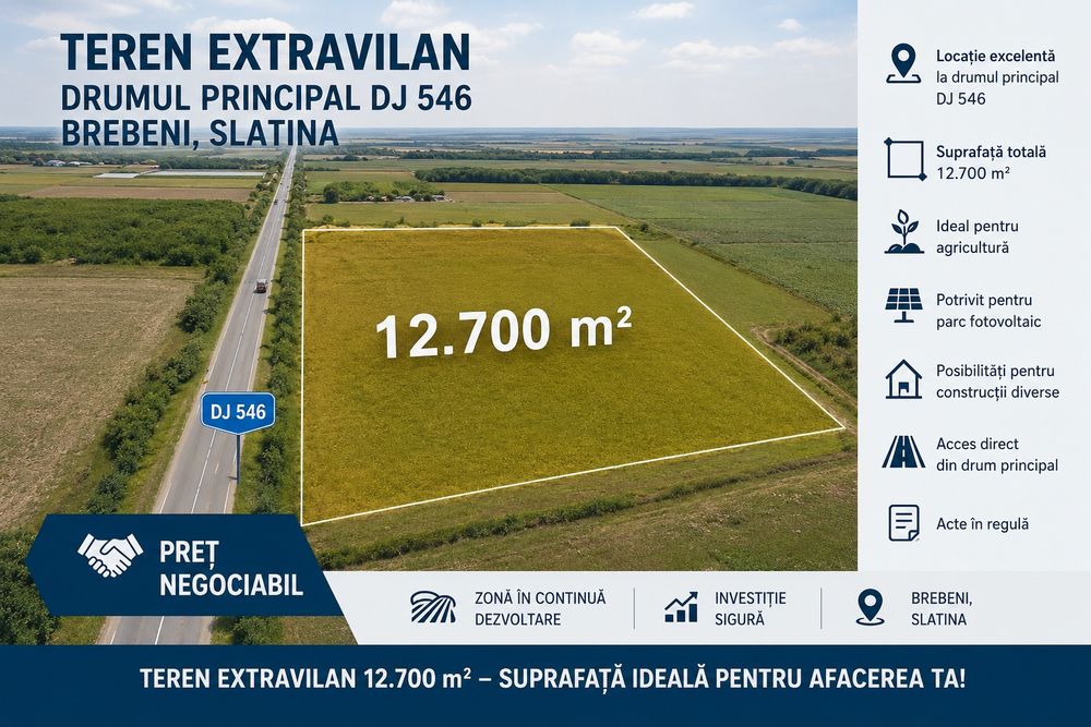 Teren Extravilan 12.711 mp – Drumul Principal DJ 546, Brebeni – Slatina | Preț negociabil