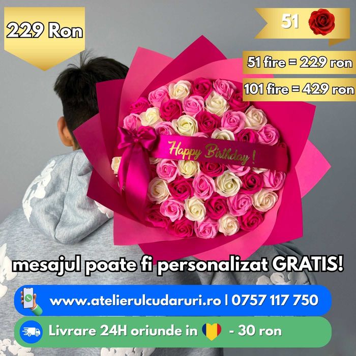 Buchete trandafiri din sapun personalizate + cu sclipici