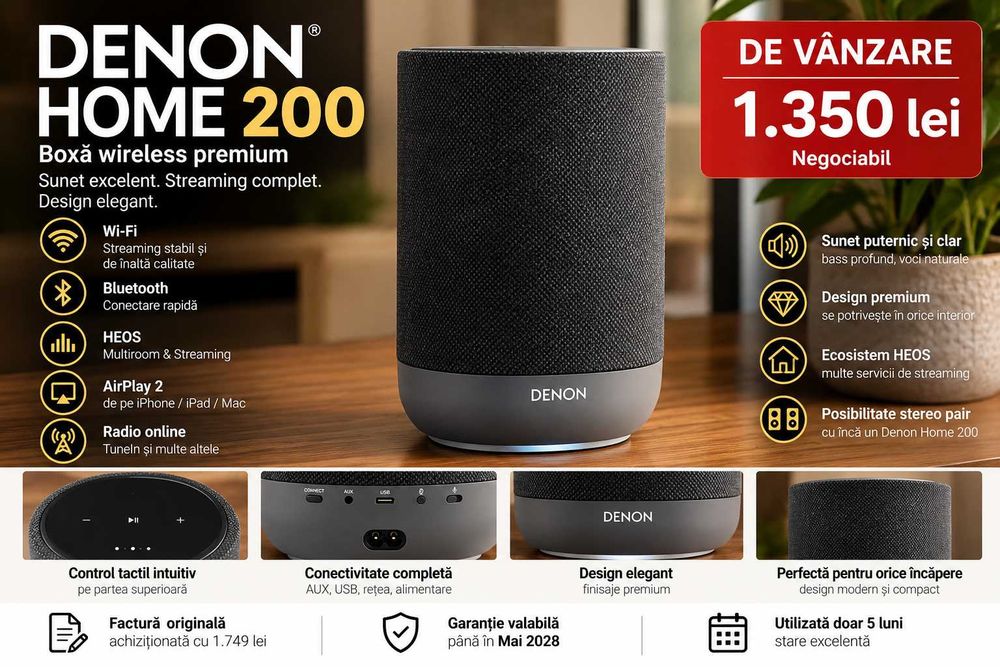 Boxă Denon Home 200 – Streaming radio Wi-Fi, Bluetooth, garanție până în 2028