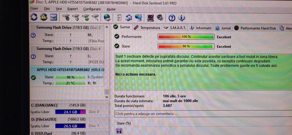 HITACHI 750Gb HDD Sata fuctional stare 98 Performanta 100  de 5400Rpm