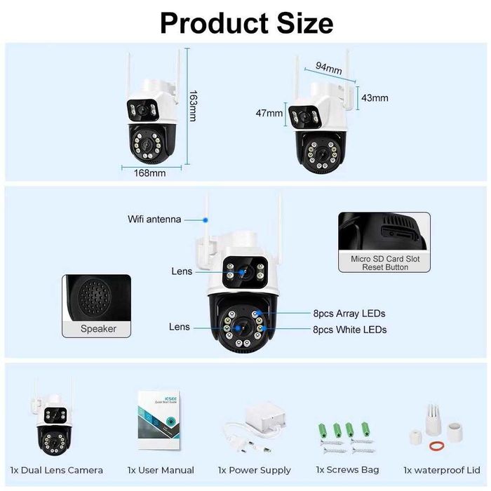 8MP  PTZ ICSee Wifi камера с двоен обектив с двоен екран Human Detect