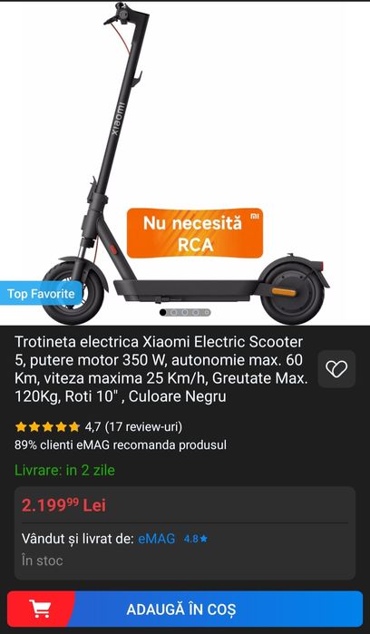 Vand Trotineta electrica Xiaomi Electric Scooter 5, putere motor 350 W, autonomie max. 60 Km, viteza maxima 25 Km/h la cutie noua neactivata, sigilata