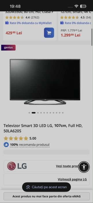 televizor smart 3D LED LG 107cm FUL  HD 50LA620S