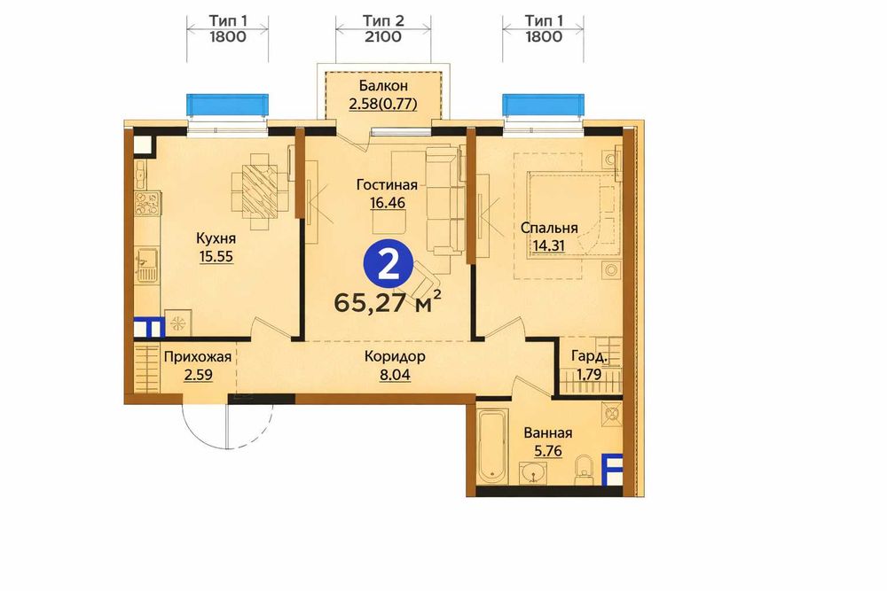 Уникальный жилой комплекс 2 комнаты, 65,77 м, ипотека доступна [ГA]