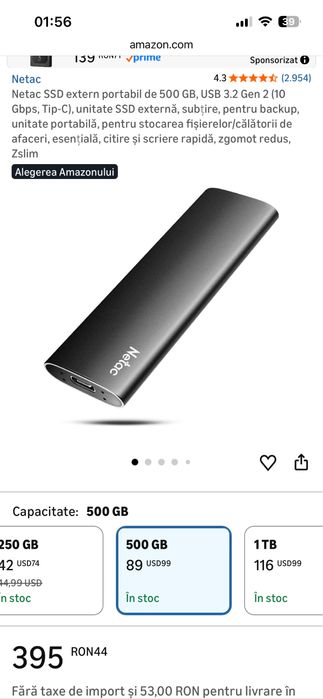 Ssd extern portabil/ Netac Z slim 500GB 550MB/s nou