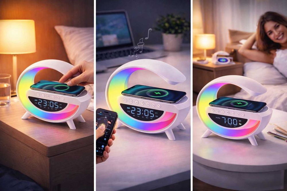 Lampă de birou LED RGB cu ceas digital, încărcare wireless