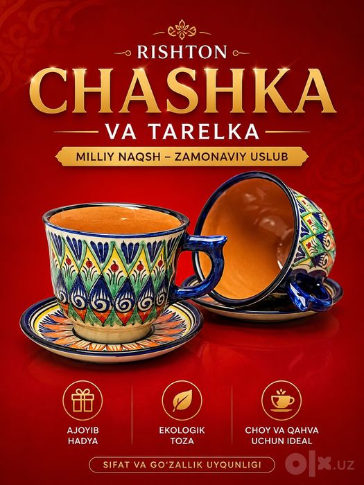 Qo‘lda ishlangan keramik chashka va likopcha