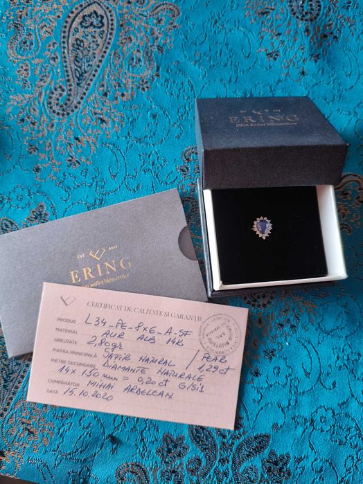 Inel logodnă aur alb 14K cu safir natural și diamante–nou,cu garanție