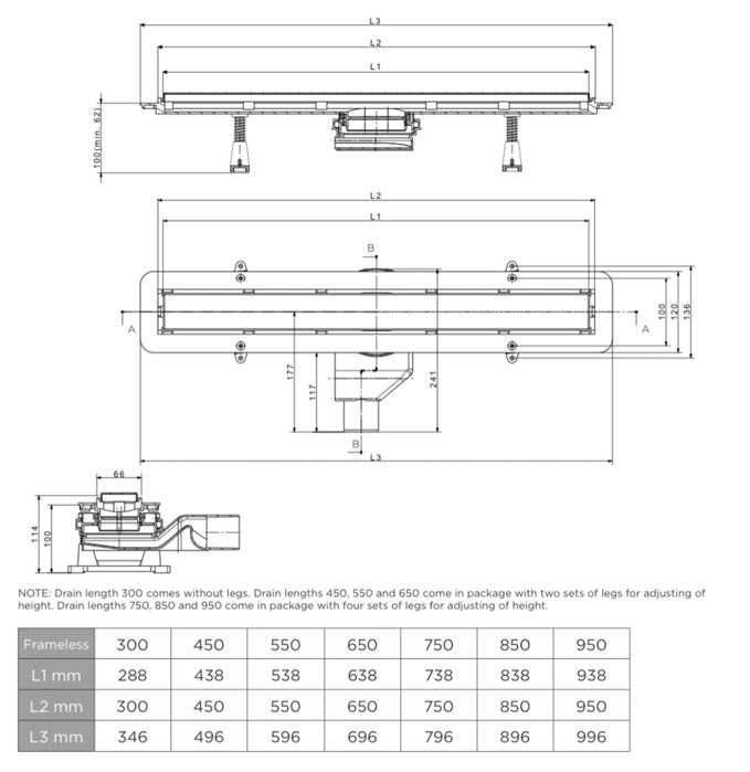 Линеен Сифон Pestan Frameless за плочка с КЛАПА - 450мм