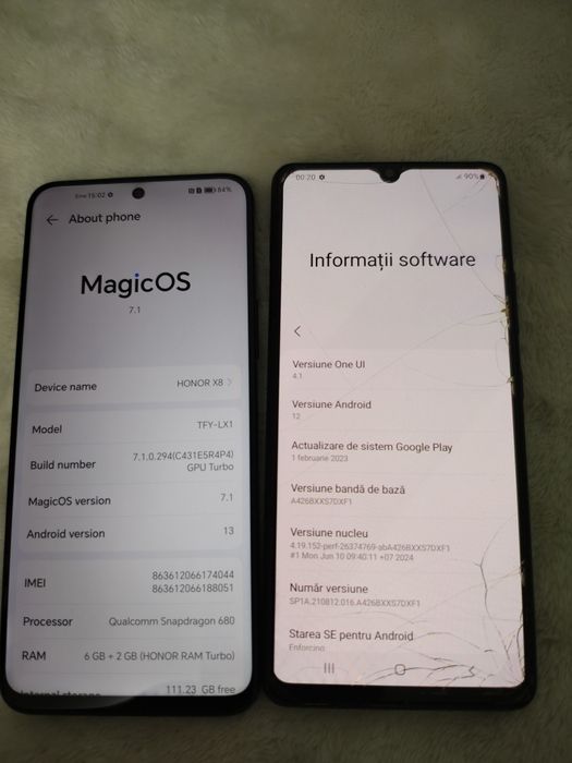 Vând două telefoane Honor x8 in stare foarte bună  preț 470 leiși un Samsung A42 cu displeiu fisurat fără nici o problemă de funcționare preț 340 lei.