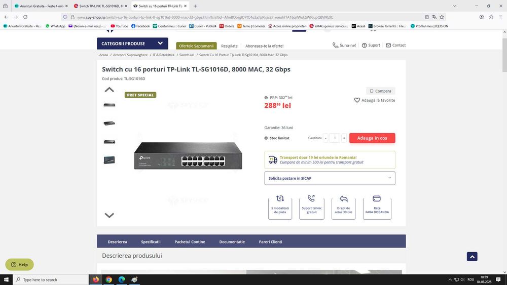 Switch 16 porturi TP-Link Gigabit - 1000Mbps , 8000 MAC, 32 Gbps