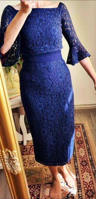 Rochie midi din dantela bleumarin, marimea 36