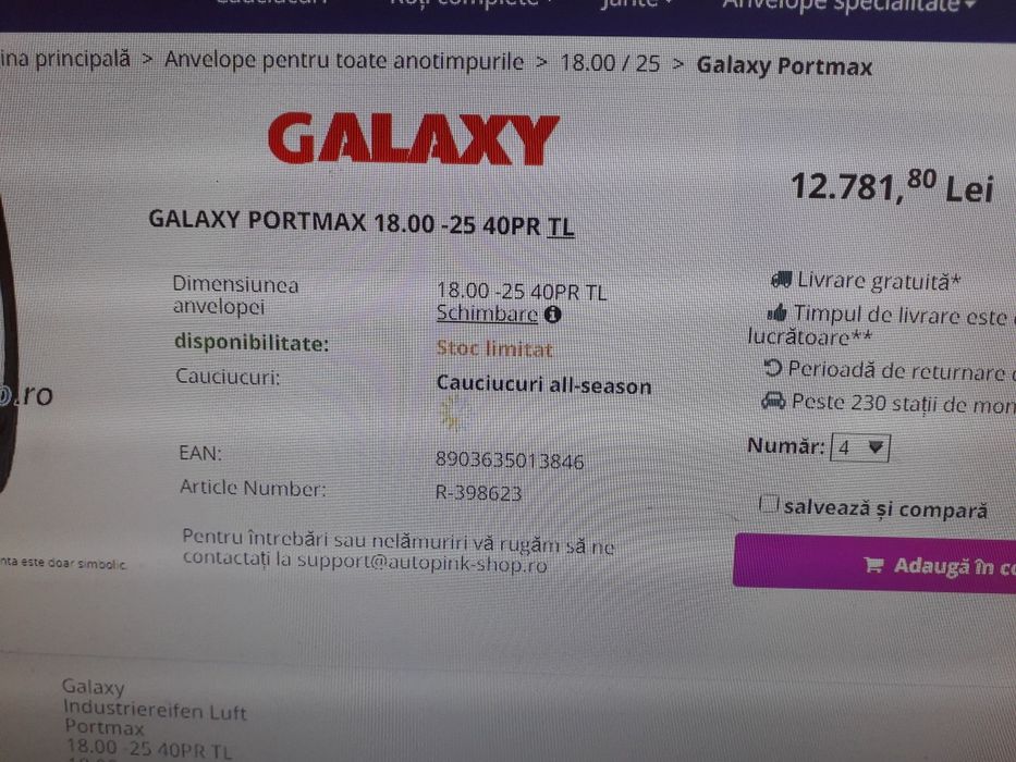 Cauciuc  nou 18.00-25 Galaxy cu 40 Ply